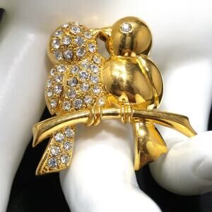 Monet Two Love Birds Rhinestone Brooch, Gold Plated, 1980s Vintage Jewelry